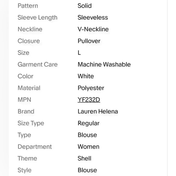 Lauren Helena Sleeveless V-Neck Shell Blouse in Off White, Sz Large, NEW NWT $58 - Picture 8 of 8